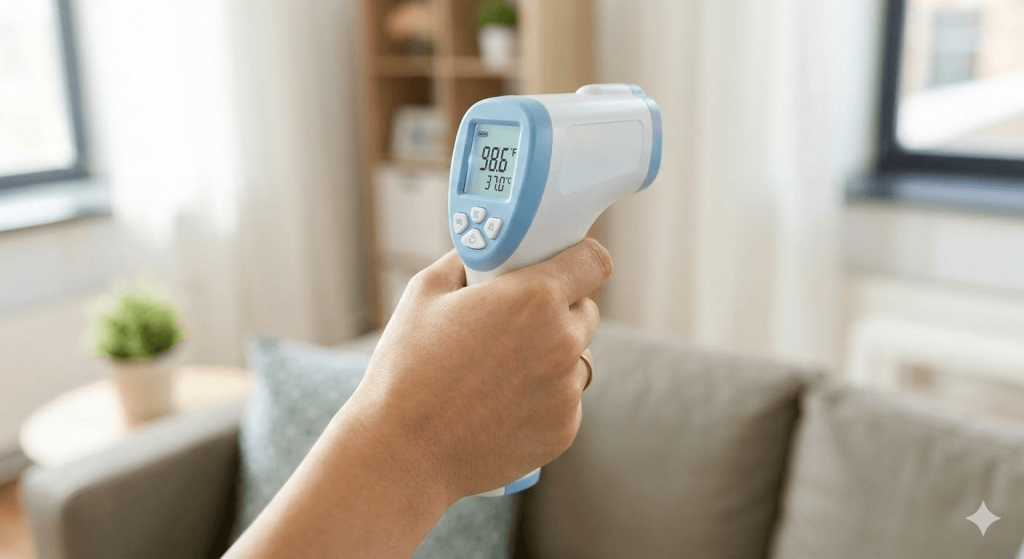 Professional infrared non-contact thermometer held in hand, showing a digital temperature reading in a home healthcare setting.