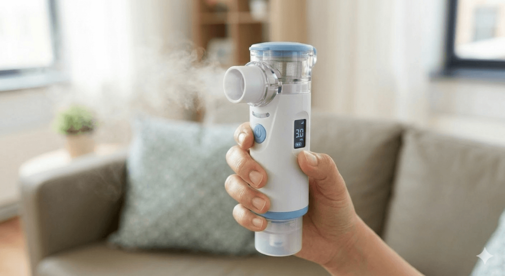 Compact portable mesh nebulizer held in hand, emitting a fine medicine mist for respiratory relief in a modern home setting.