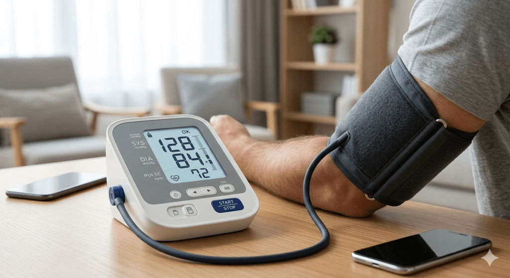 Professional digital blood pressure monitor with an upper-arm cuff on a person's arm, displaying results on a backlit screen in a home health care setting.