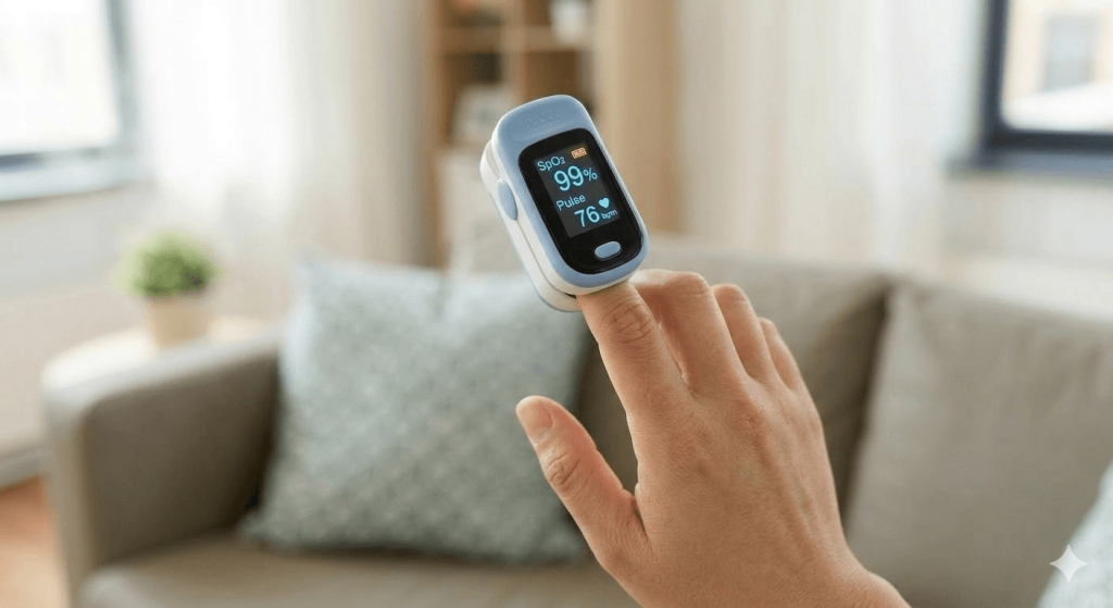 Smart fingertip pulse oximeter clipped on a finger, showing a 99% SpO2 oxygen saturation level and pulse rate on a digital OLED screen.